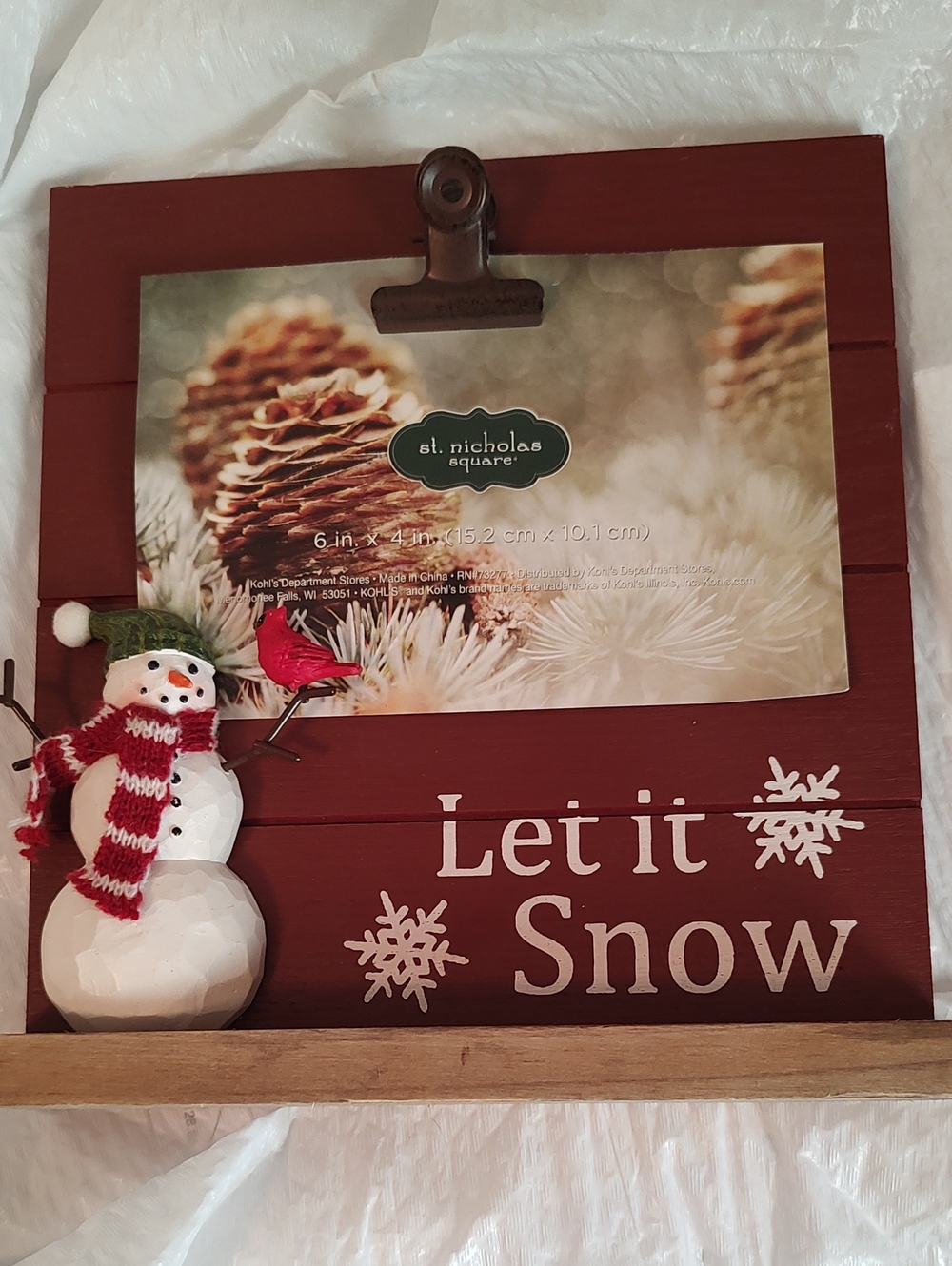 St. Nicholas Square Red and White Holiday Photo Clip Frame with Snowman Accent